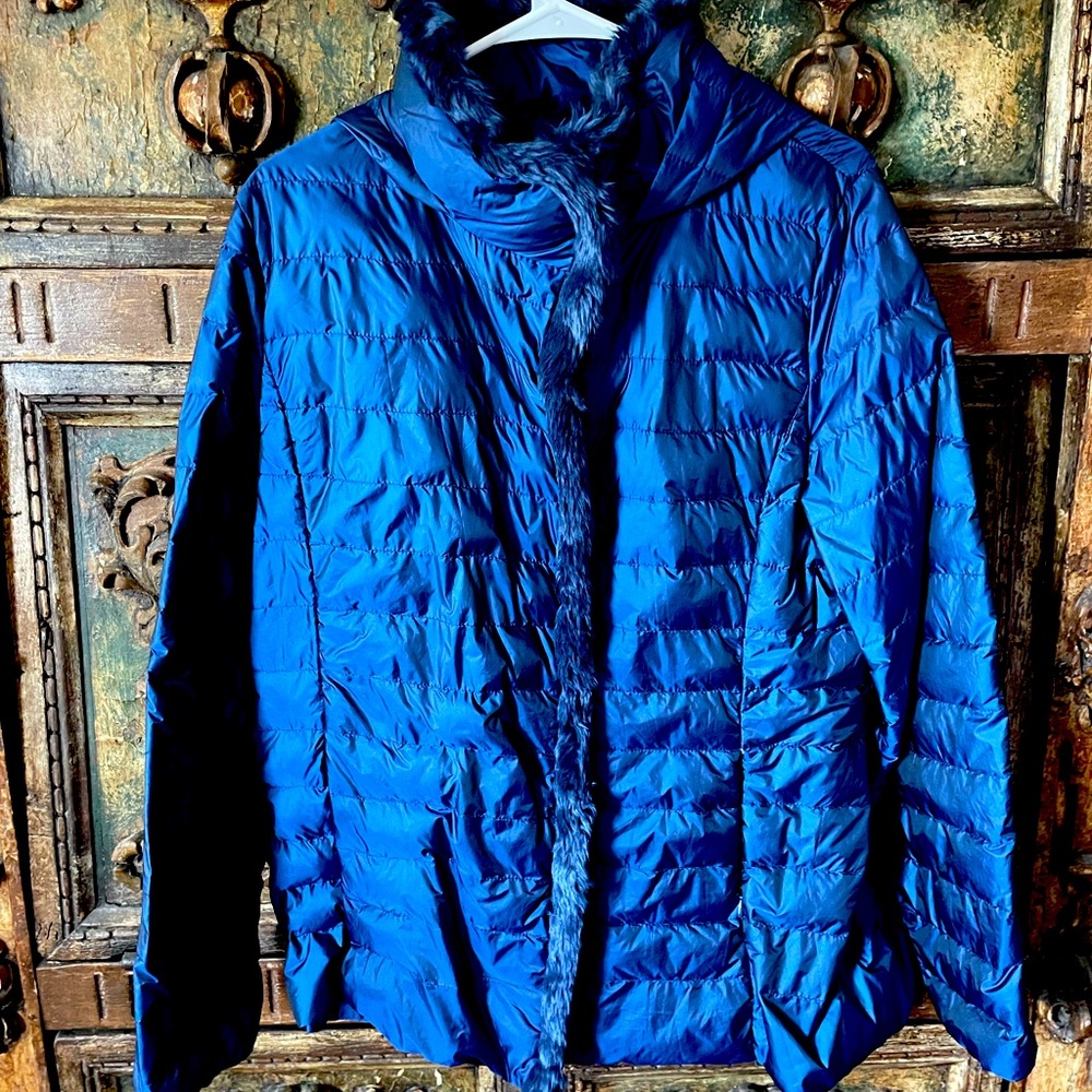 Cole Haan puffer jacket with blue fur trim-